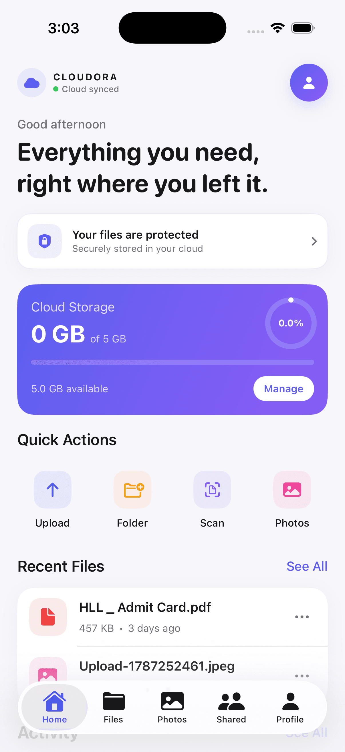 Cloudora app home screen